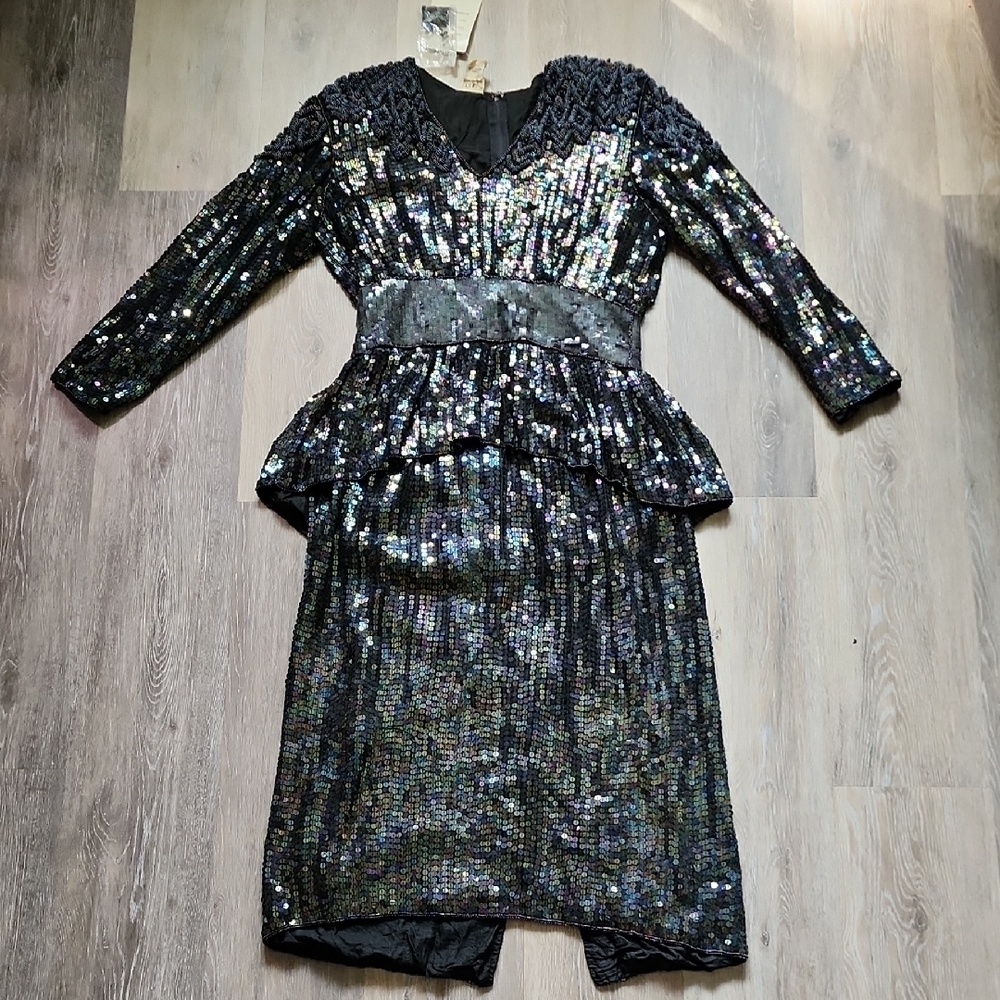 NWT VNTG Nancy K Black Sequin Hand Beaded 100% Silk Peplum Cocktail Dress Sz Sm